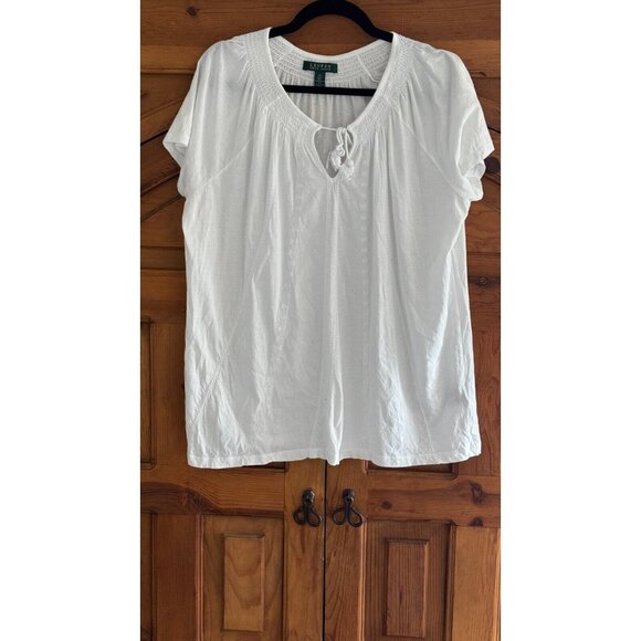 LAUREN RALPH LAUREN Cotton T-Shirt Tie Detail Classic Fit White Plus Size 1X - Picture 1 of 6